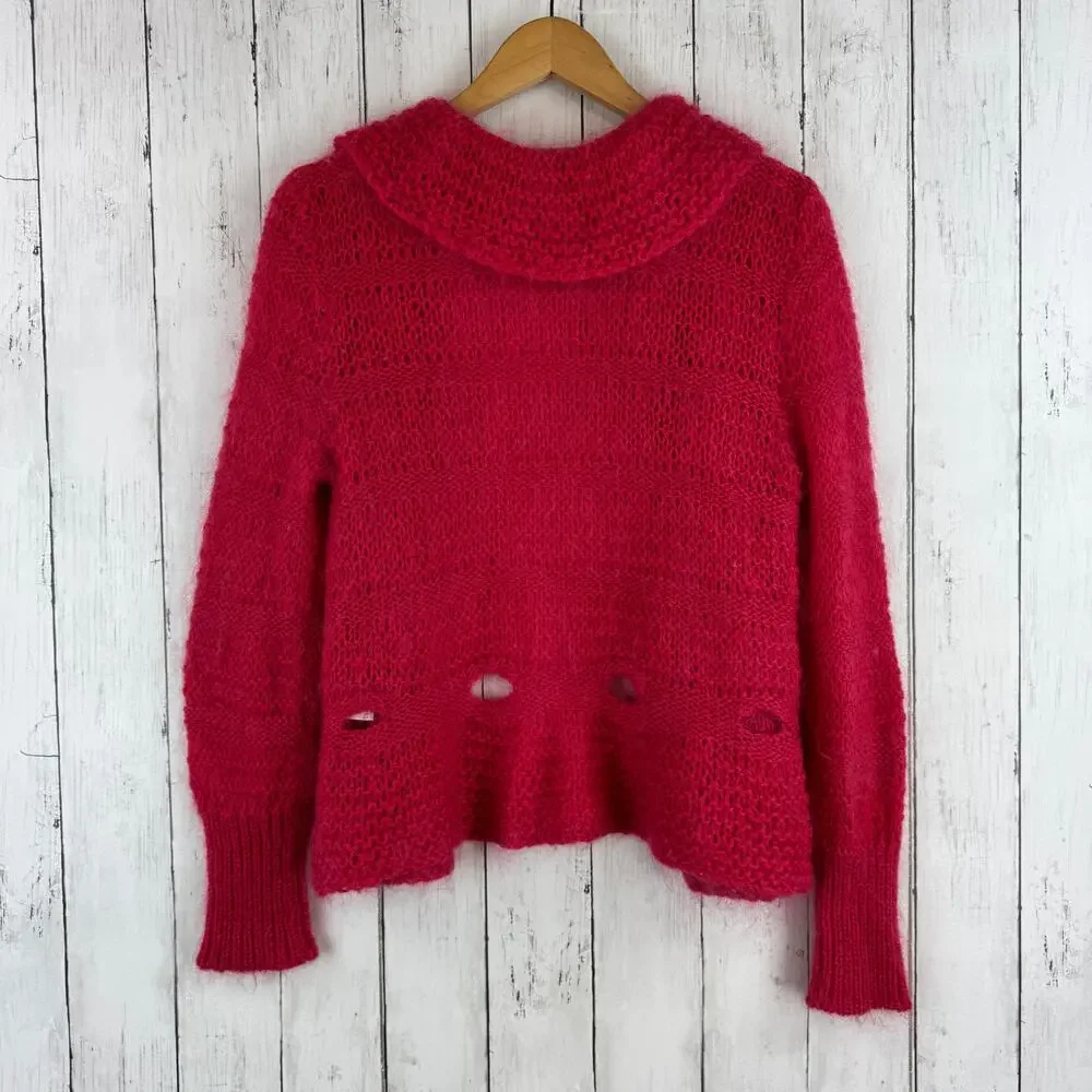 VTG 80's Rene Derhy Pink Mohair Ruffle-Front Cardigan Sweater Size 6/8 Medium